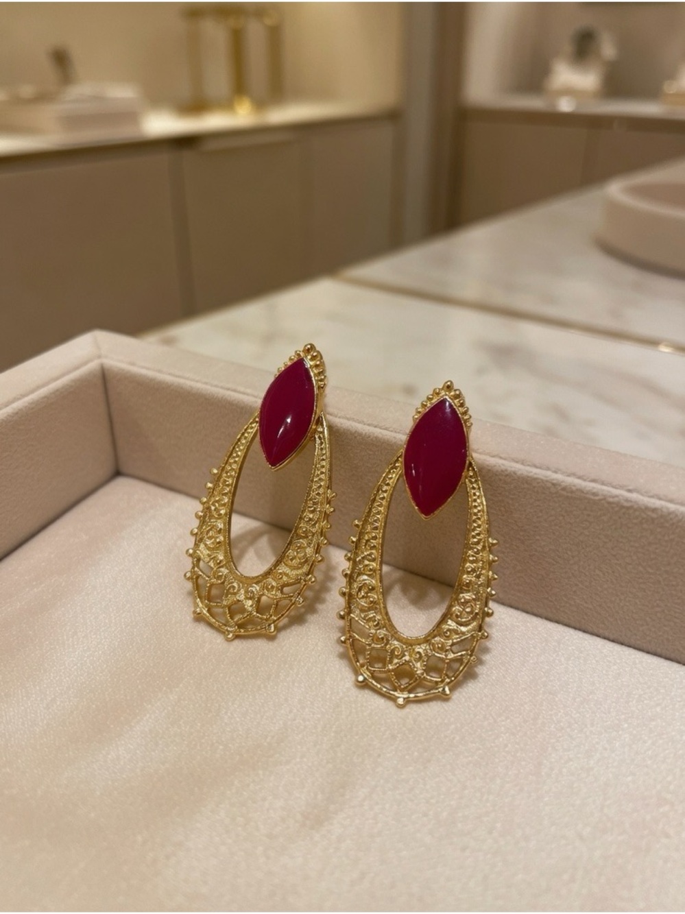 Vintage 1928 Gold Tone Filigree Pink Drop Dangle Earrings Victorian Style
